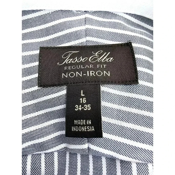 Tasso Elba Regular Non Iron Large 16 34-35 Gray White Collar Stripe French Cuff - Picture 4 of 12